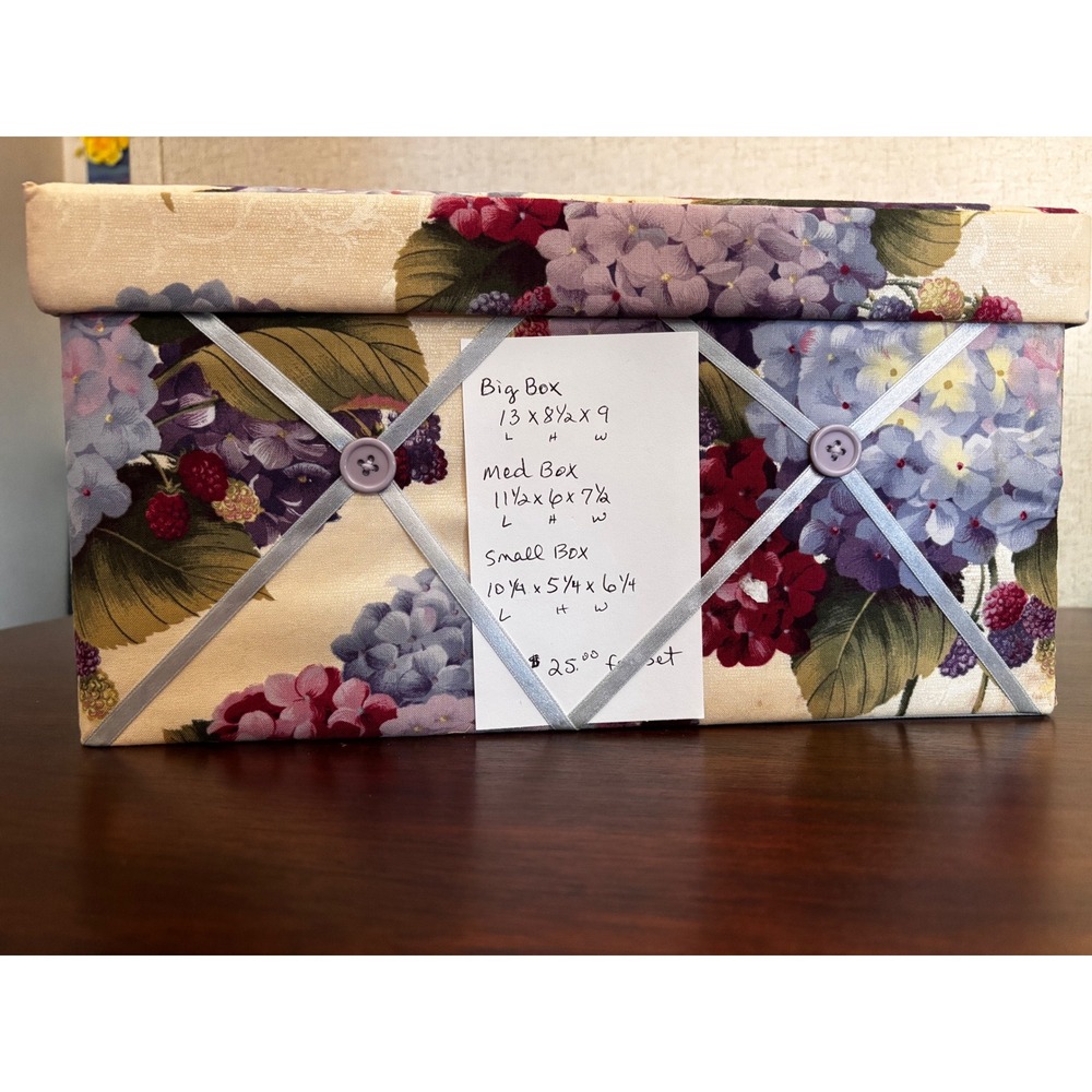 Floral Hydrangea Fabric Nesting Storage Boxes with Lids Set of 3 Purple Cream